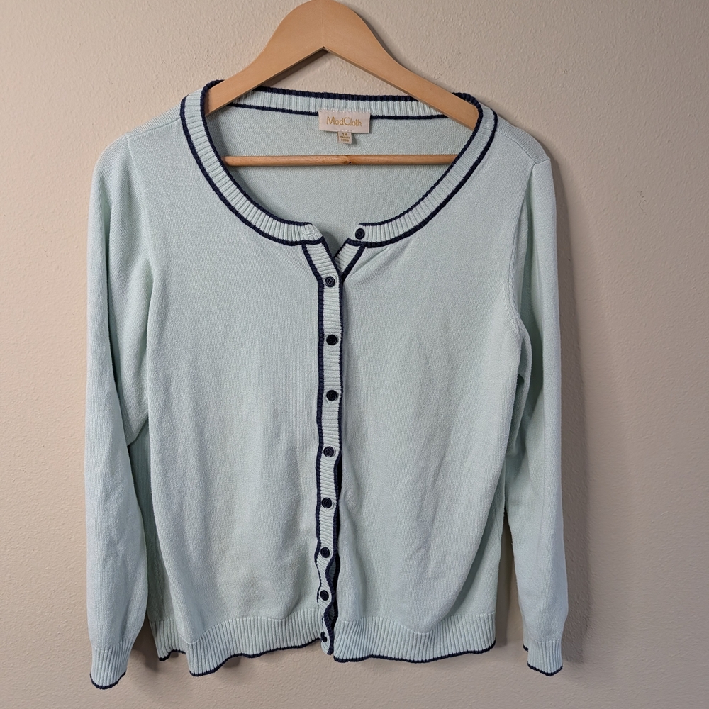 ModCloth‎ Cardigan Womens 1X Mint Green Navy Trim Button Front Sweater